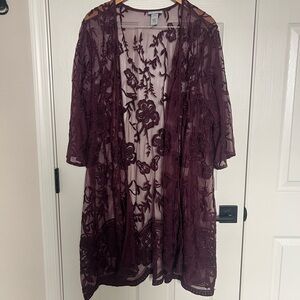 Embroidered Sheer Kimono Jacket in Deep Plum Sz 3XL